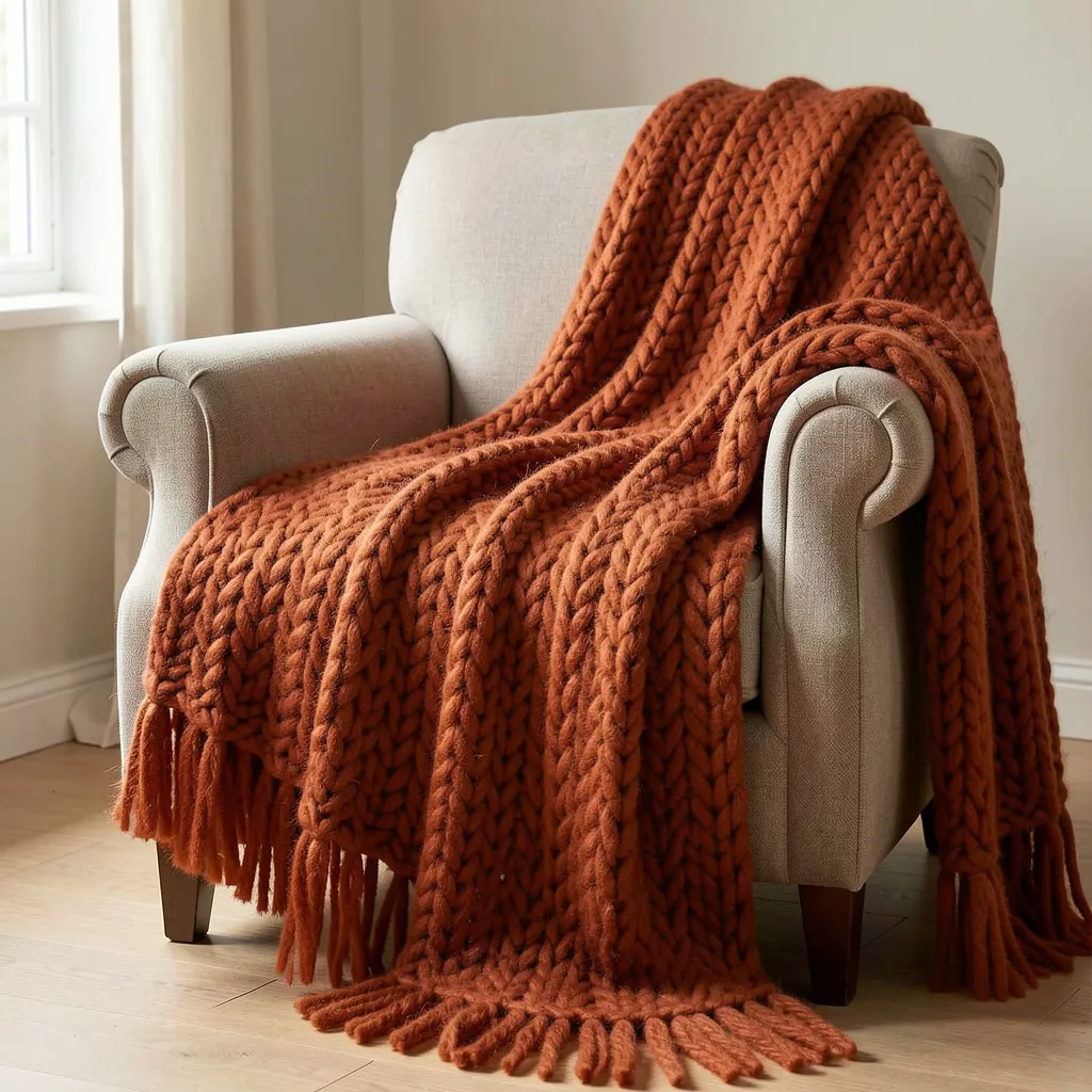 Wool throw in warm terracotta for armchair or bed